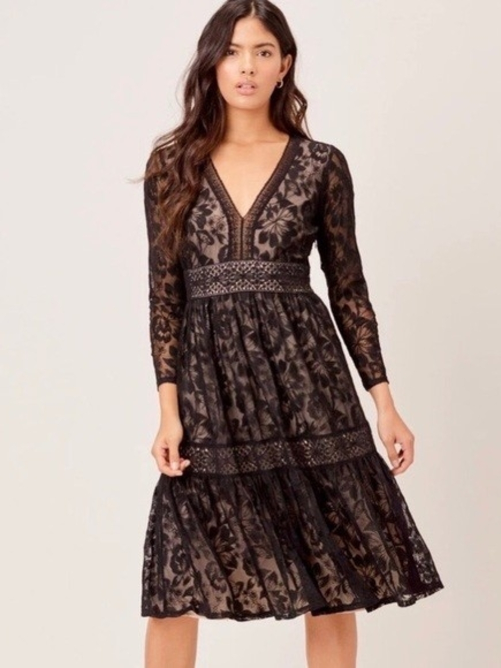 Lovestitch Black Lace V-Neck Midi Dress - Elegant Women's Dress Size Small